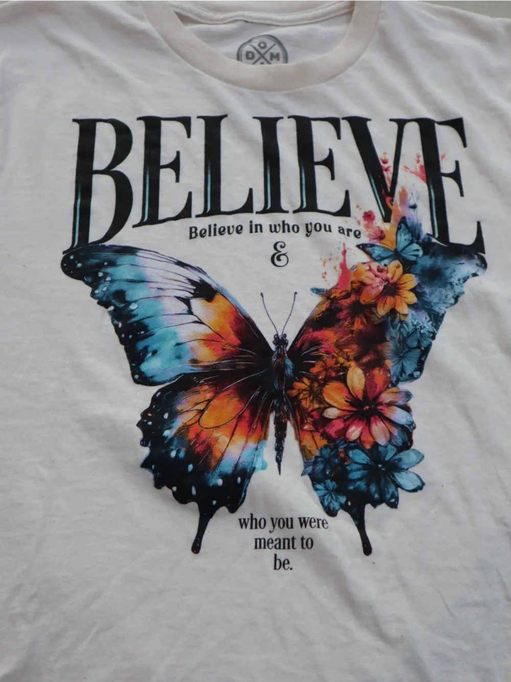 DOM White Tee with Multicolor Butterfly and Floral Graphic-S